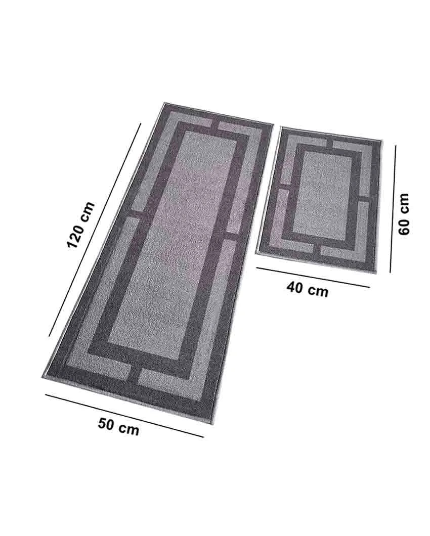 Grey Border Geometric Nylon Anti-Slip Runner & Floor Mat Set