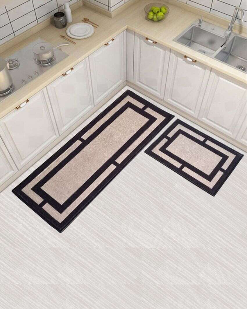 Beige Geometric Border Nylon Anti-Slip Runner & Floor Mat Combo | Pack of 2