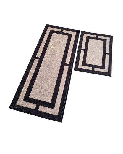 Beige Geometric Border Nylon Anti-Slip Runner & Floor Mat Combo | Pack of 2