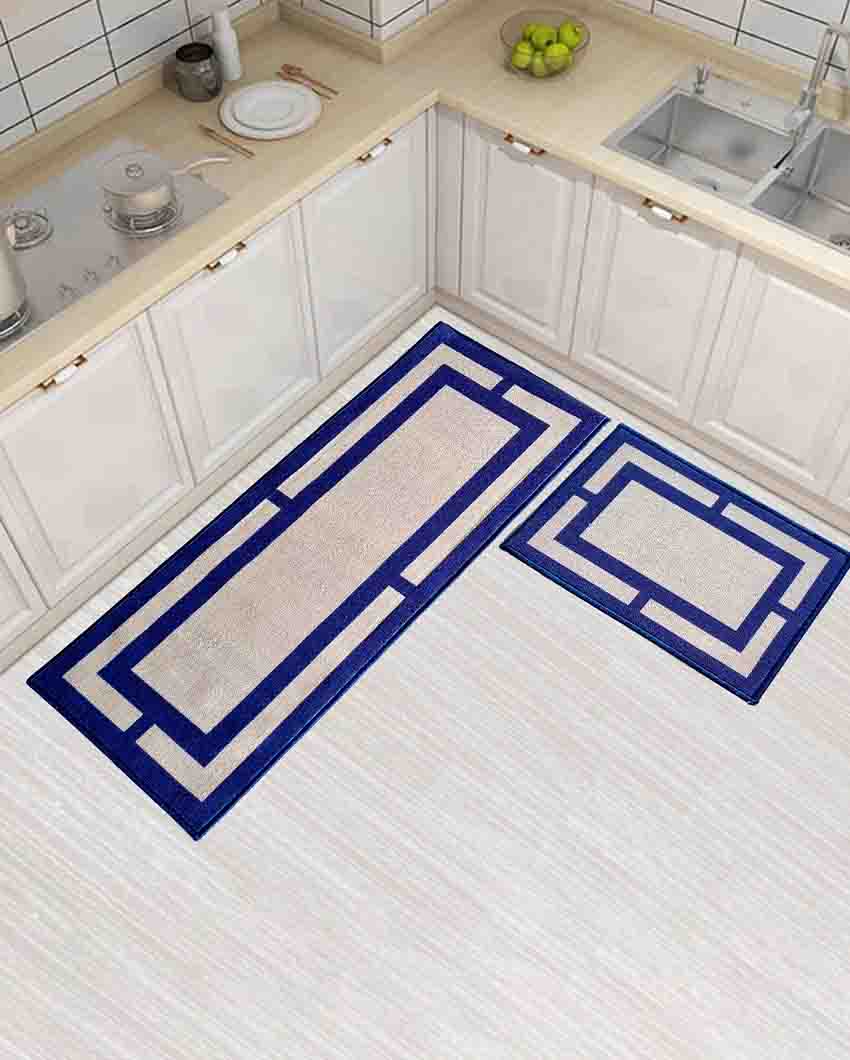 Blue Border Geometric Nylon Anti-Slip Runner & Floor Set