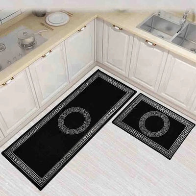 Round Circle Black Greek Nylon Anti-Slip Kitchen Mat Set