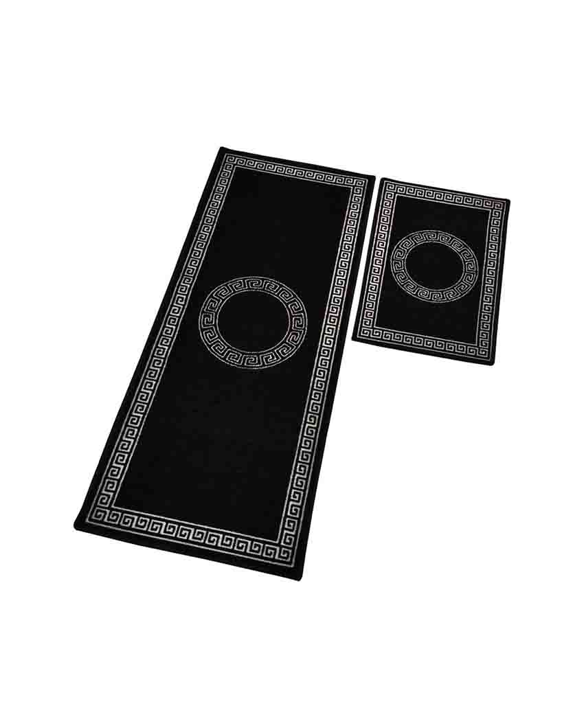 Round Circle Black Greek Nylon Anti-Slip Runner & Floor Mat Set