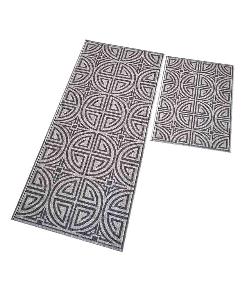 Round Key Grey Greek Nylon Anti-Slip Runner & Floor Mat Set