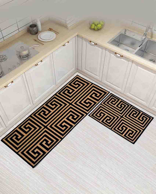 Symmetric Key Greek Nylon Anti-Slip Runner & Floor Mat Set Sand