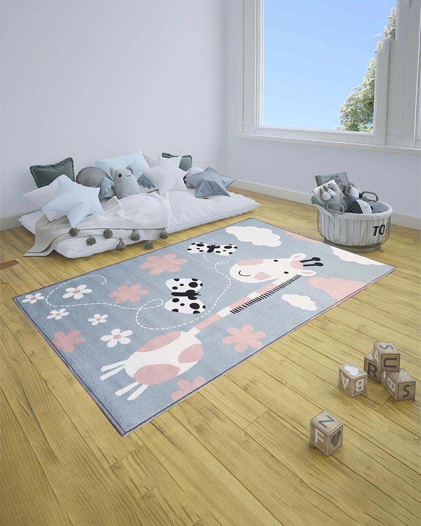 Blue Animals Giraffe Printed Kids Nylon Carpet | 5 x 3 Feet