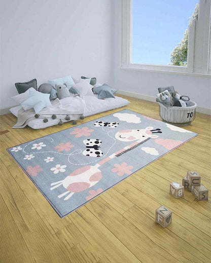 Blue Animals Giraffe Printed Kids Nylon Carpet | 5 x 3 Feet