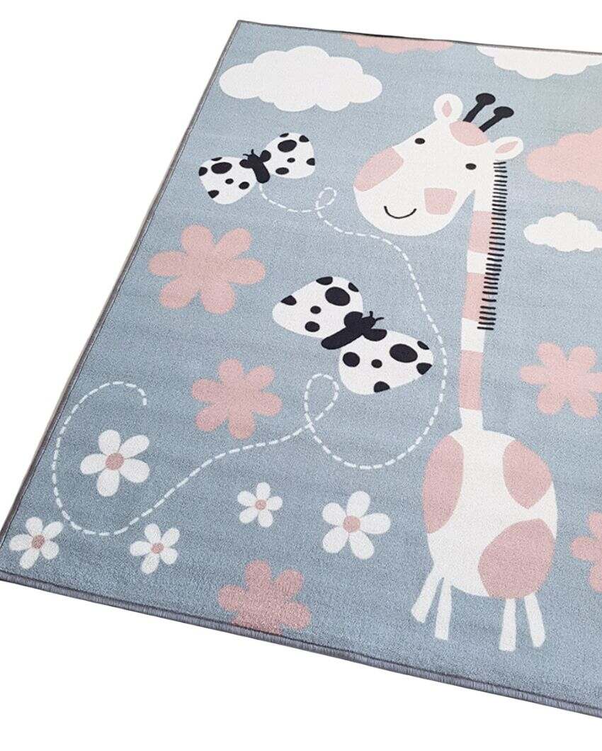 Blue Animals Giraffe Printed Kids Nylon Carpet | 5 x 3 Feet