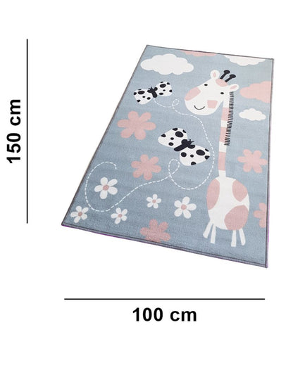 Blue Animals Giraffe Printed Kids Nylon Carpet | 5 x 3 Feet