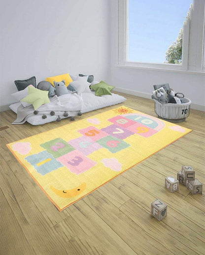 Yellow Hopscotch Letters Printed Nylon Kids Carpet | 5 x 3 Feet