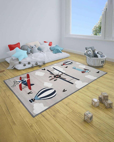 Grey Plane Printed Kids Nylon Carpet | 5 x 3 Feet