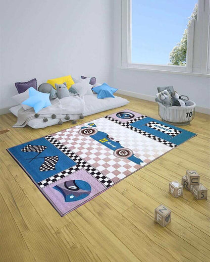 Blue Racing Car Printed Nylon Carpet | 5 x 3 Feet