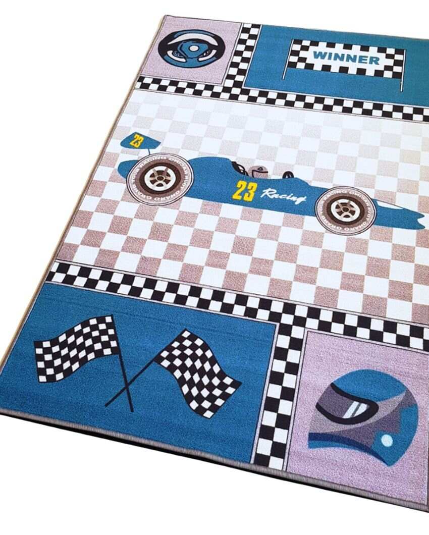 Blue Racing Car Printed Nylon Carpet | 5 x 3 Feet