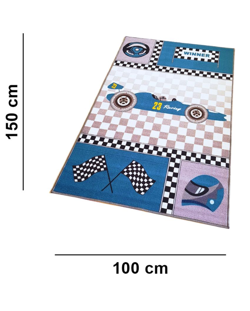 Blue Racing Car Printed Nylon Carpet | 5 x 3 Feet