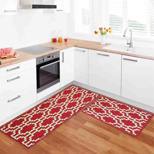 Red Brick Motif Pattern Nylon Anti-Slip Kitchen Mat Set