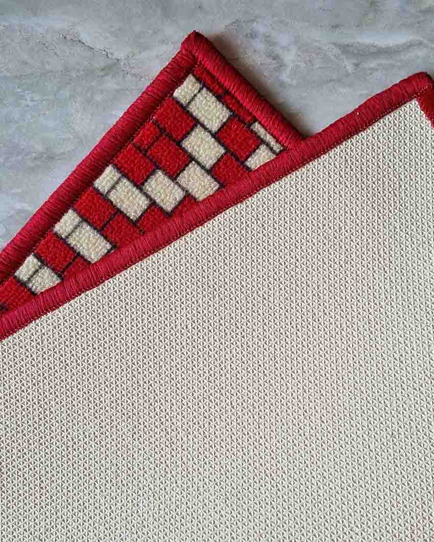 Red Brick Motif Pattern Nylon Anti-Slip Runner & Floor Mat Set