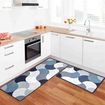 Blue Circular Pattern Nylon Anti-Slip Kitchen Mat Set