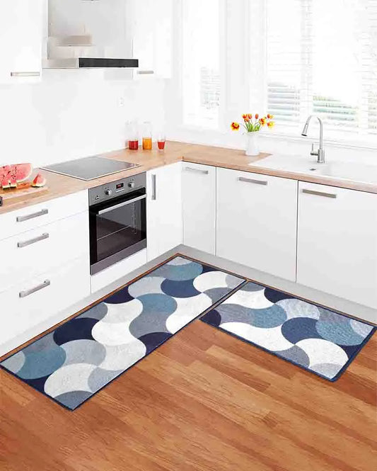 Blue Circular Pattern Nylon Anti-Slip Runner & Floor Mat Set