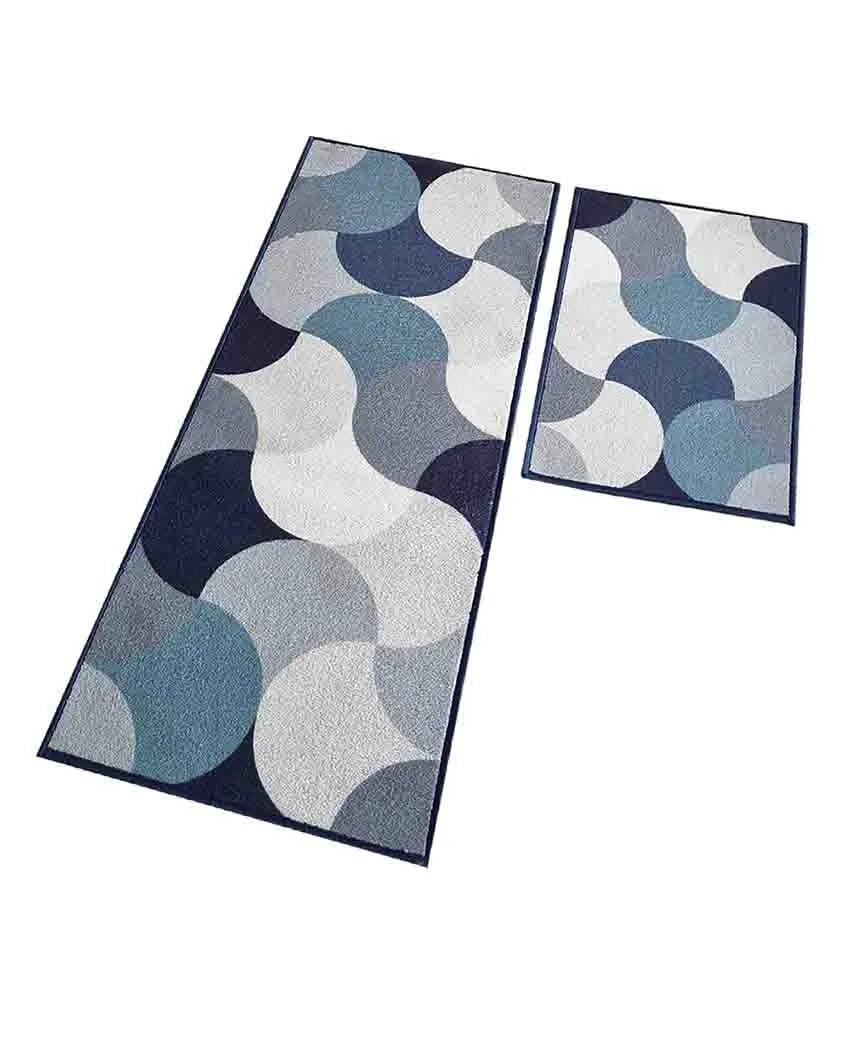 Blue Circular Pattern Nylon Anti-Slip Runner & Floor Mat Set