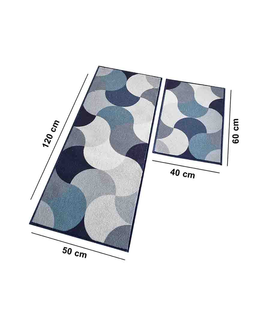 Blue Circular Pattern Nylon Anti-Slip Runner & Floor Mat Set