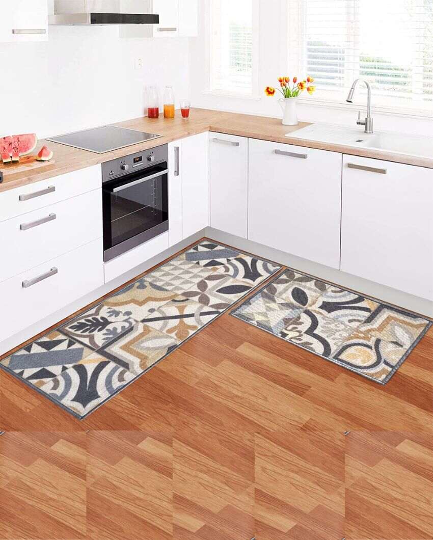 Beige Tiles Earth Nylon Anti-Slip Runner & Floor Mat Combo | Pack Of 2