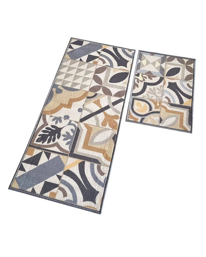 Beige Tiles Earth Nylon Anti-Slip Runner & Floor Mat Combo | Pack Of 2