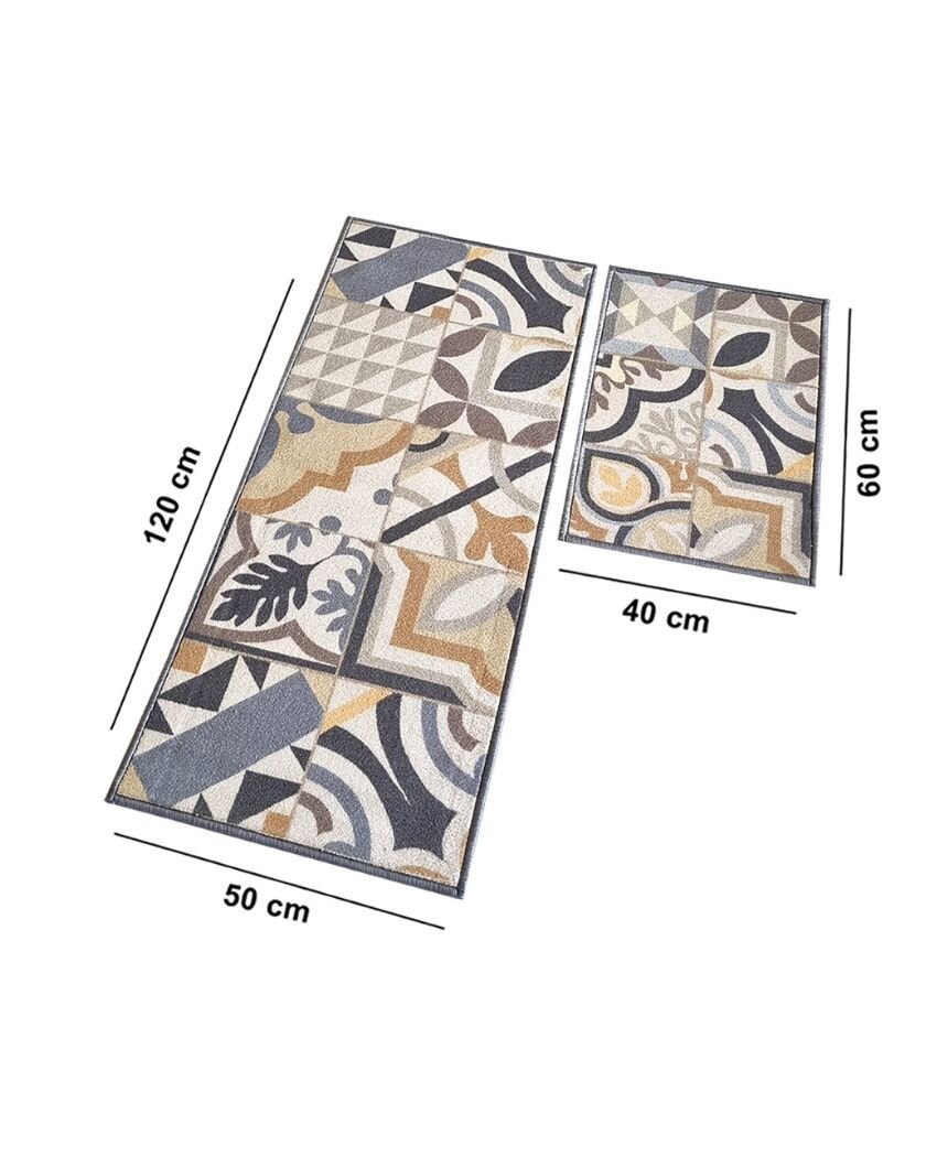 Beige Tiles Earth Nylon Anti-Slip Runner & Floor Mat Combo | Pack Of 2