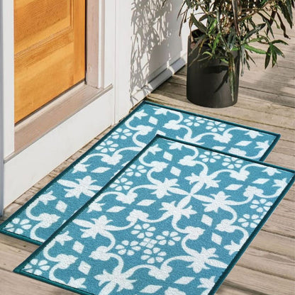 Floral Tiles Anti-Slip Multipurpose Door Mats | Set of 2 | 24 x 16 inches