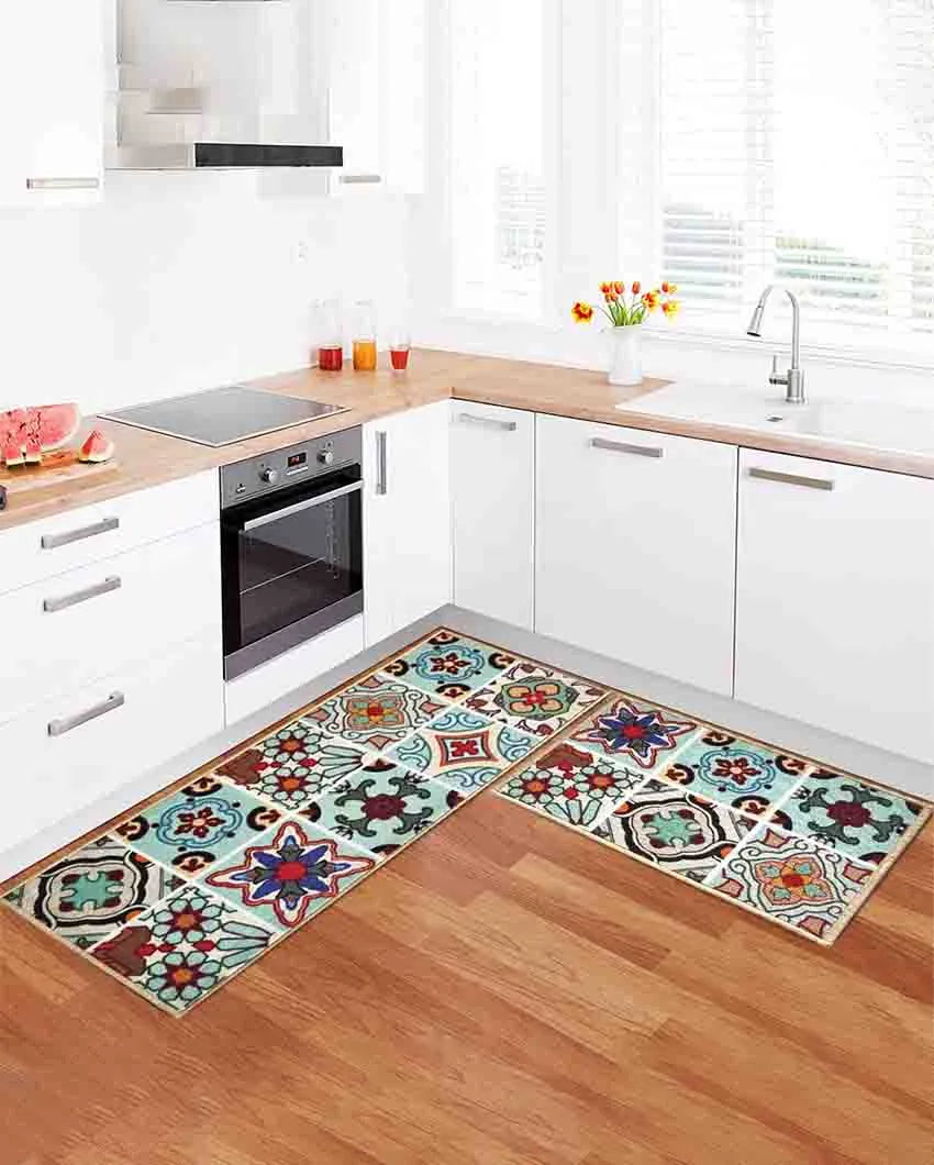 Mediterranean Tiles Nylon Anti-Slip Runner & Floor Mat Set