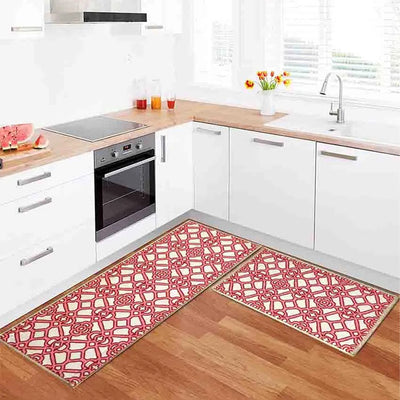 Red Interlace Trellis Nylon Anti-Slip Kitchen Mat Set