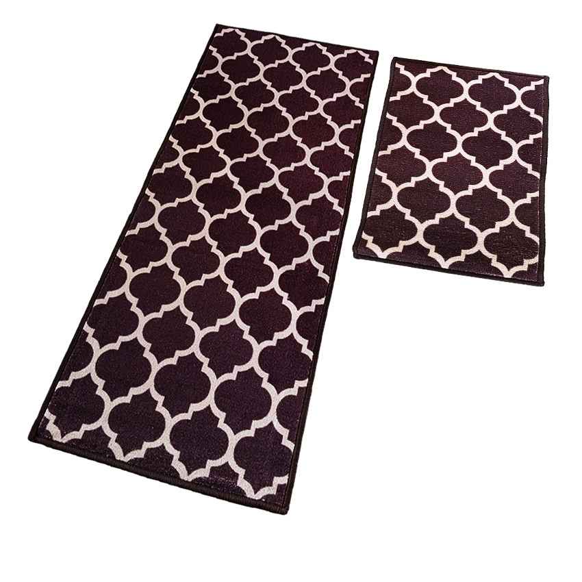 Brown Trellis Islamic Nylon Anti-Slip Runner & Floor Mat Combo | Pack of 2