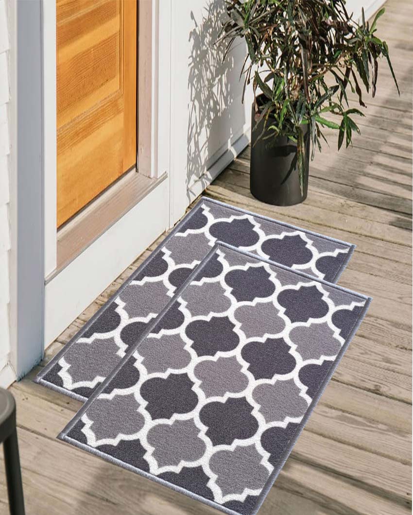 Islamic Trellis Anti-Slip Nylon Door Mats | Set of 2 | 24x16 inch Grey