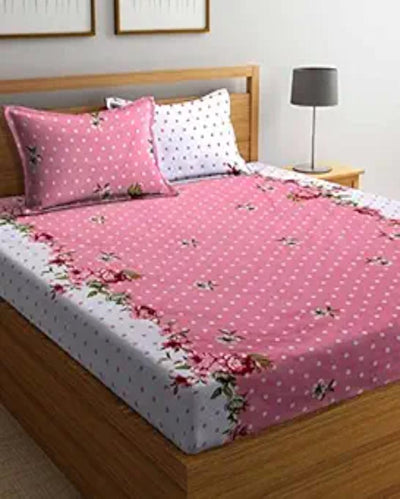 Charming Glace Cotton Fitted Double Bedsheet with 2 Pillow Covers | Queen Size | 90 x 100 inches