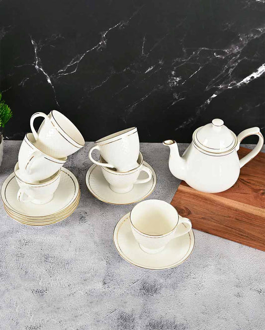 Ceramic Gold Line Diamond Cut White Tea Set | 13 Pieces | 200 ML