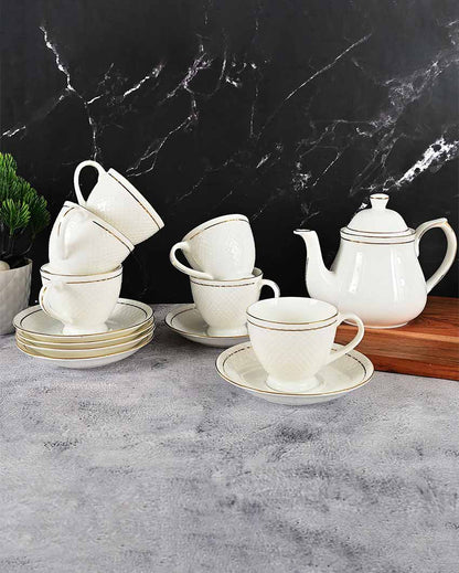 Ceramic Gold Line Diamond Cut White Tea Set | 13 Pieces | 200 ML