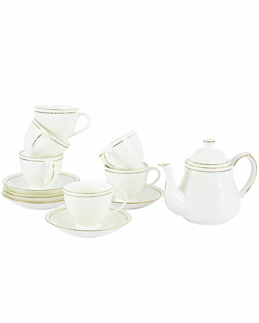 Ceramic Gold Line Diamond Cut White Tea Set | 13 Pieces | 200 ML