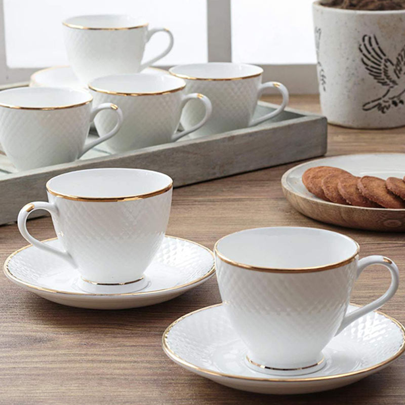 Indian White Tea Cups & Saucers | 200 ML | Set of 6 - Dusaan