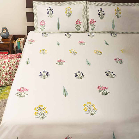Cypress Printed Cotton Bedsheet with Reversible Pillow Set | Double Size | 90 x 107 Inches