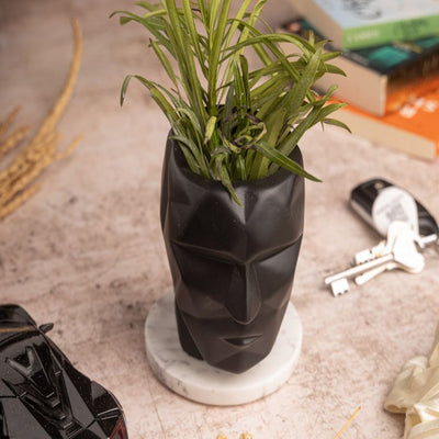 Modern Art Modern Face Design Planter Marble Base Home Office Decor | 5 x 4 x 4 inches