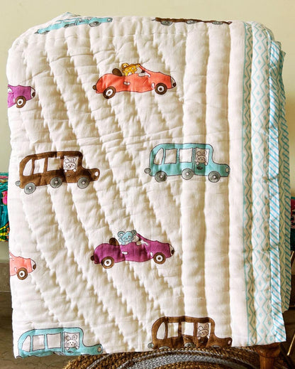 Soft Car Print Non-Toxic Cotton Handblock Kids Blanket | 40 x 60 inches