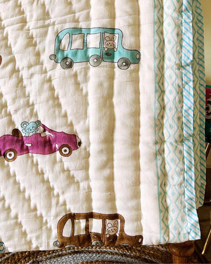 Soft Car Print Non-Toxic Cotton Handblock Kids Blanket | 40 x 60 inches