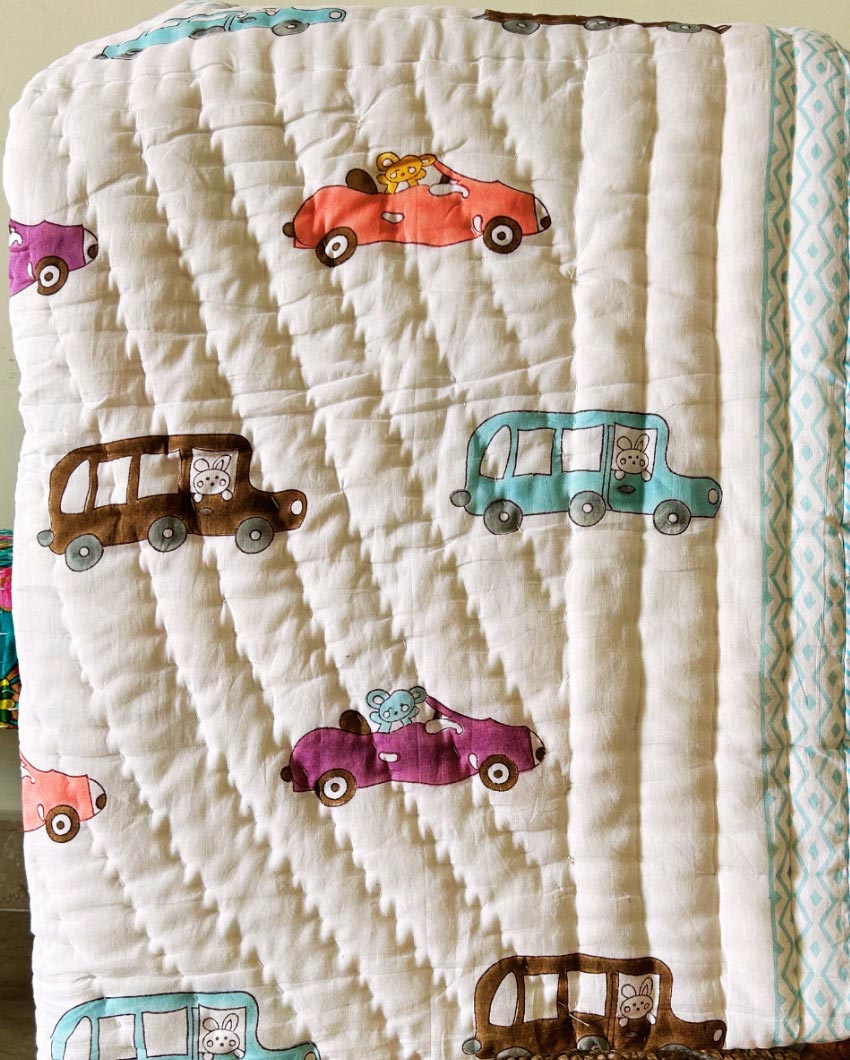 Soft Car Print Non-Toxic Cotton Handblock Kids Blanket | 40 x 60 inches