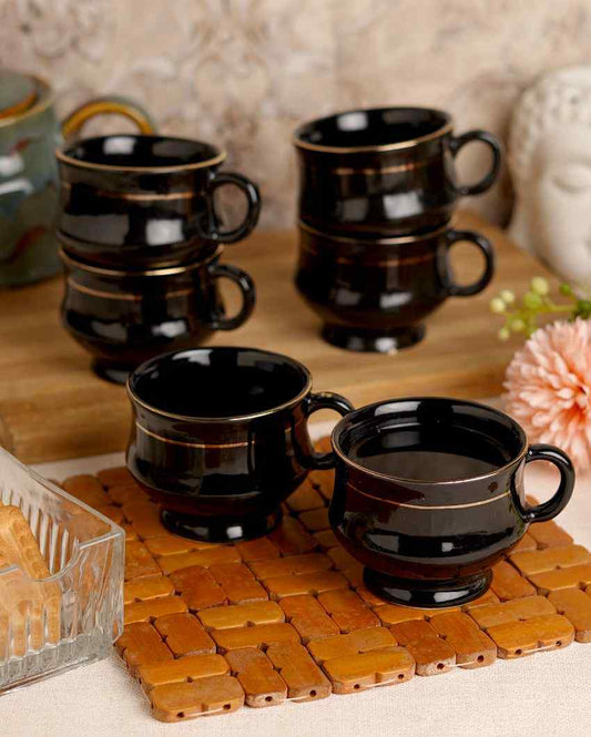 Ceramic Black Printed Tea Cups | Set Of 6 | 150 ML