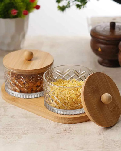 Brick Pattern Glass Two Serving Bowls With Tray