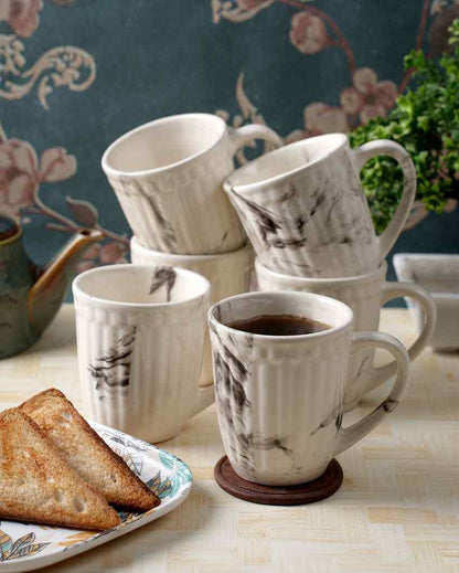 Ceramic White Italian Karela Textured Tea & Coffee Mugs | Set Of 6