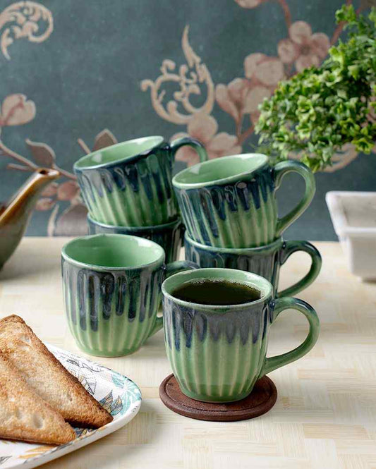 Green Textured Ceramic Tea Cups | Set Of 6