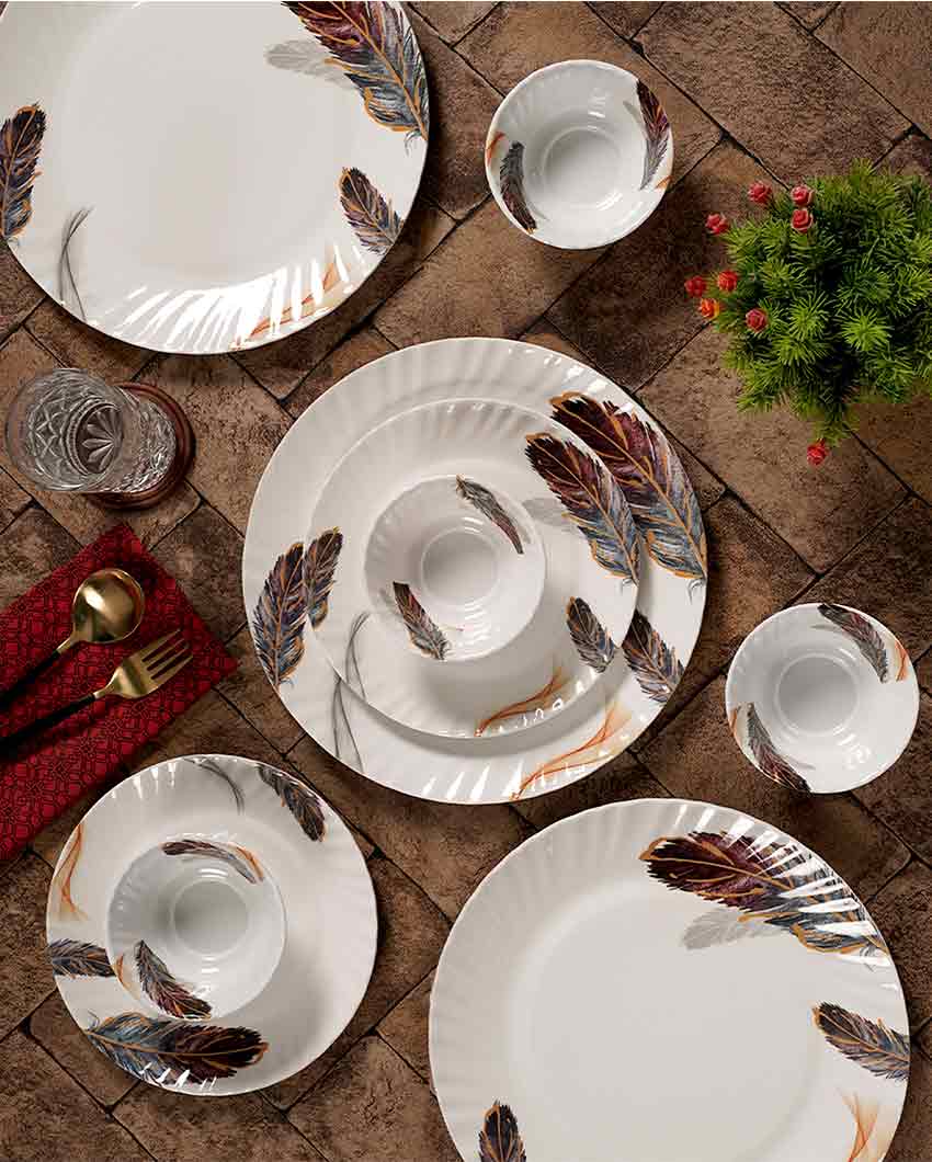 Round Shaped Melamine Feather Designed Printed Dinner Set | 18 Pcs