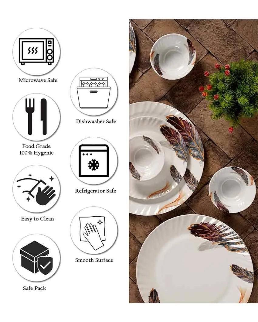 Round Shaped Melamine Feather Designed Printed Dinner Set | 18 Pcs