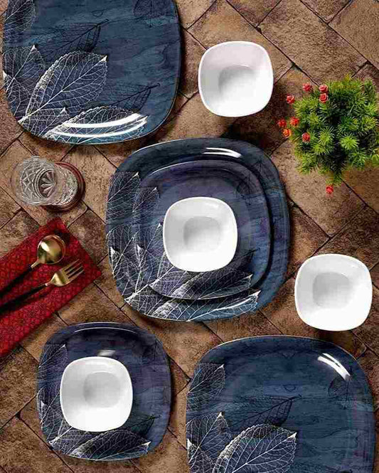 Square Shaped Melamine Blue Floral Printed Dinner Set | 18 Pcs