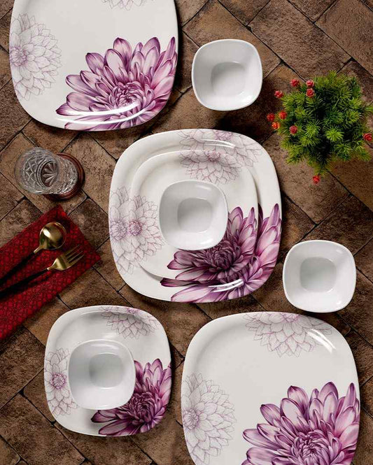Square Shaped Melamine White Pink Floral Printed Dinner Set | 18 Pcs