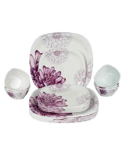 Square Shaped Melamine White Pink Floral Printed Dinner Set | 18 Pcs